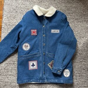 Sezane Blue Denim Jacket with Cream Sherpa Collar and Patch Details